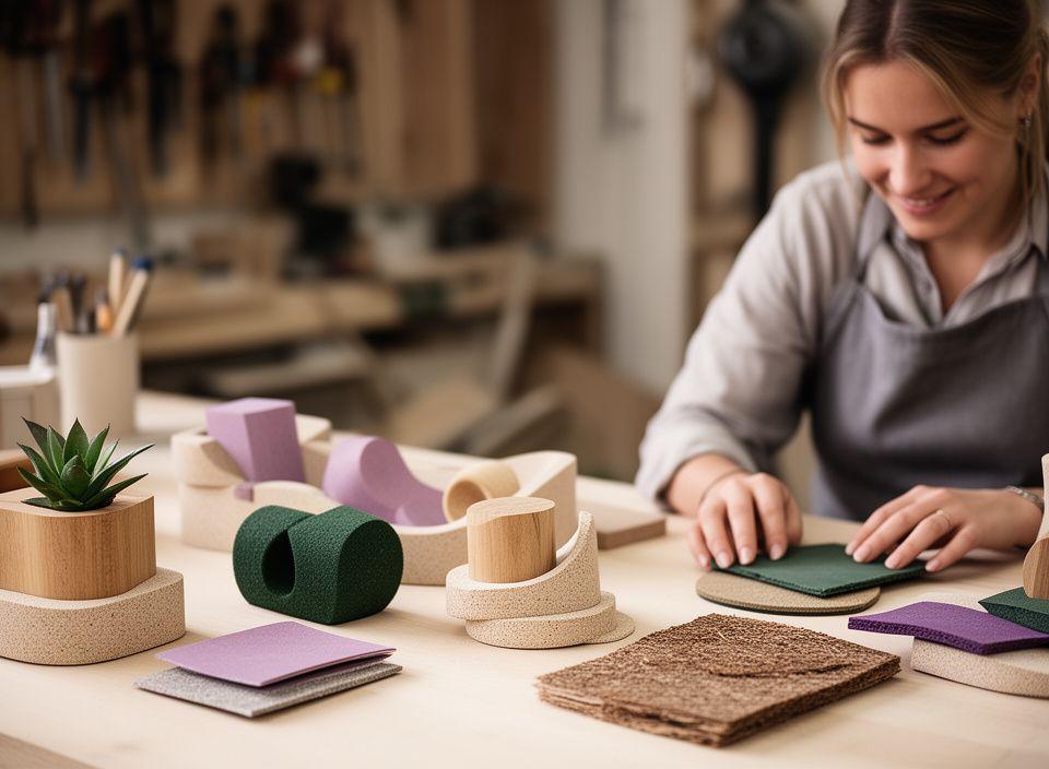 Team-Mitglied am Werkstatttisch mit nachhaltigen Desk-Organizern und Materialmustern in Zürich