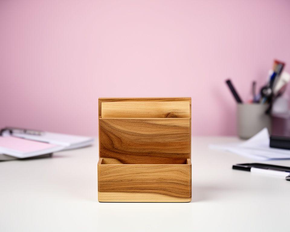 Moderne Schreibtisch-Organizer aus Naturmaterialien auf einem hellen Arbeitstisch in einem Zürcher Studio