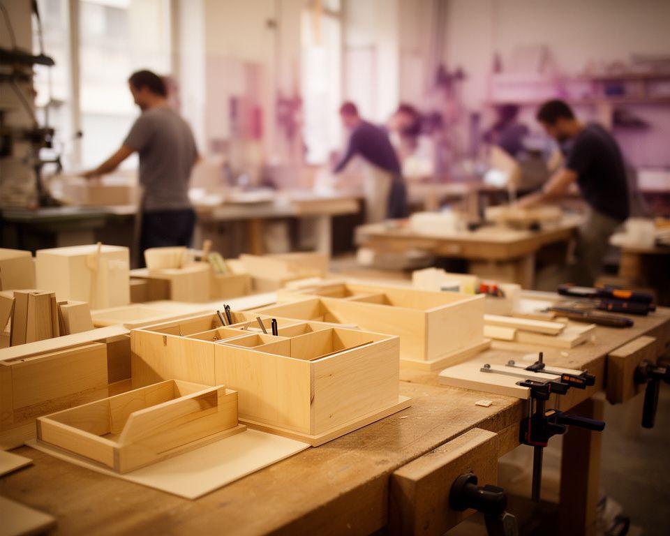 Team in einer Zürcher Werkstatt mit natürlichen Holzplatten, geordneten Modulen und warmem Tageslicht