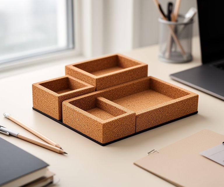 Three-piece cork desk organiser set arranged beside pencils, notebooks and a laptop in a calm modern workspace
