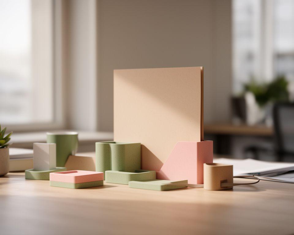 Schlichte Schreibtischszene mit nachhaltigen Organizer-Modulen, einer Papiermappe und natürlichem Licht in einem ruhigen Zürcher Büro